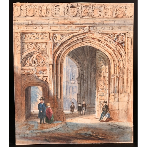 121 - Circle of Samuel Prout, figures by an archway (possibly Canterbury), watercolour, 10