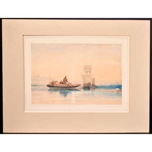 124 - David Cox (1783-1859), figures on a rowing boat approaching a moored ship, watercolour, signed, 9