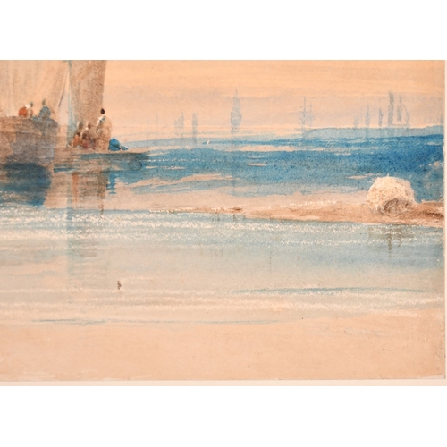 124 - David Cox (1783-1859), figures on a rowing boat approaching a moored ship, watercolour, signed, 9