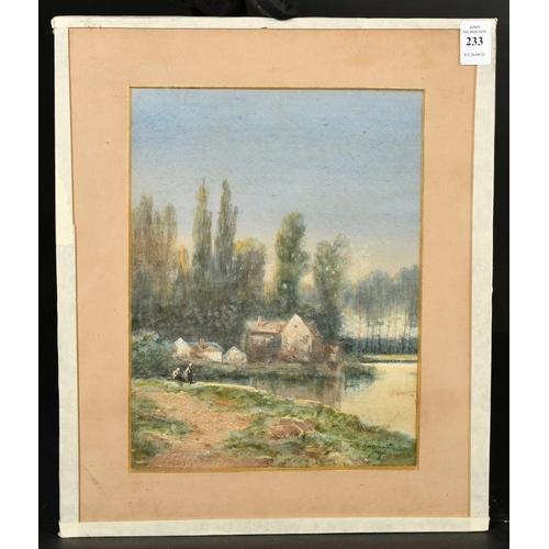 149 - C. Salianti, Figures beside a river with buildings on the opposite bank and trees beyond, watercolou... 