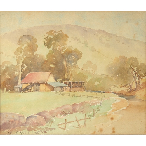 151 - William Oates (1862-1945) Australian, Farm buildings beneath a large mountain, watercolour, signed a... 