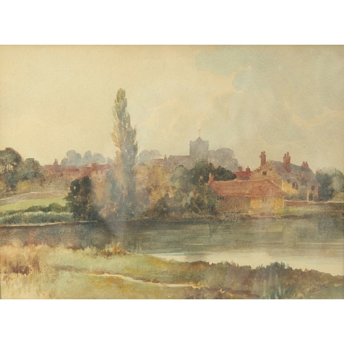 152 - A.W. Rich, A view across a river to houses, a church and village beyond, watercolour, signed, 8