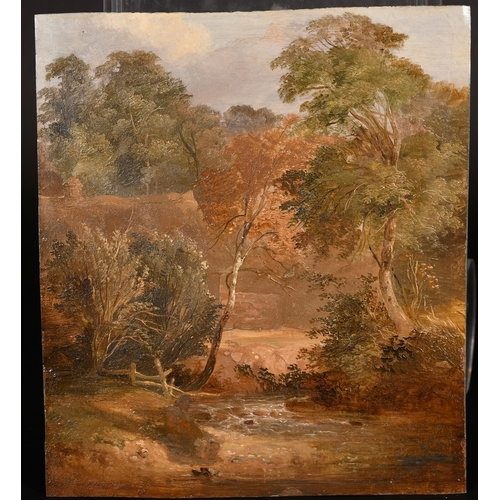 165 - Circle of Thomas Churchyard, a stream by a cottage in woordland, oil on metal, with a study of cattl... 