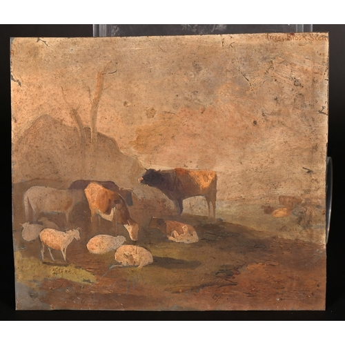 165 - Circle of Thomas Churchyard, a stream by a cottage in woordland, oil on metal, with a study of cattl... 