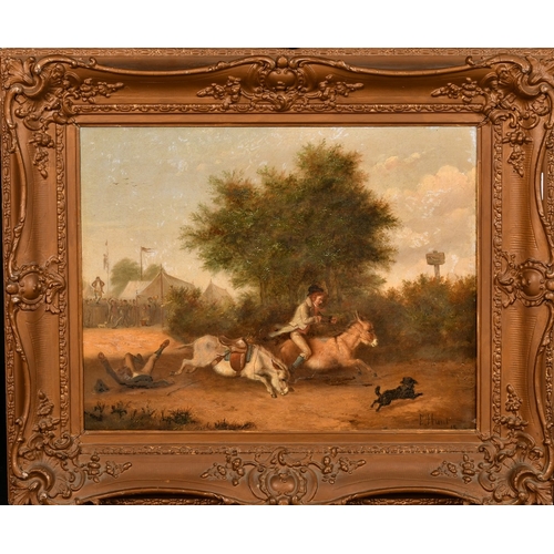 166 - E. Hunt, 19th Century, figures racing on donkeys with a village fete beyond, oil on canvas, signed a... 