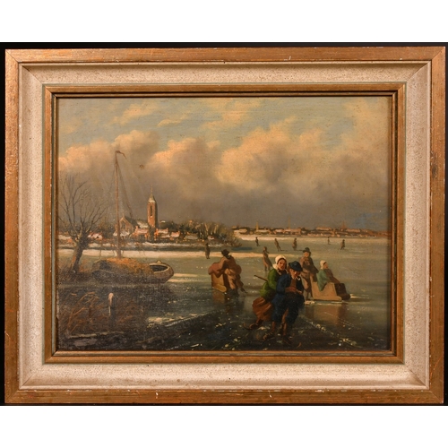 167 - 19th/20th Century Continental School, skaters on a frozen waterway, oil on oak panel, 9.25