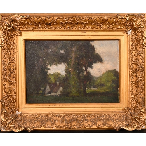 182 - Attributed to Frank Lewis Emanuel (1866-1948), figure by a cottage surrounded by trees, oil on board... 