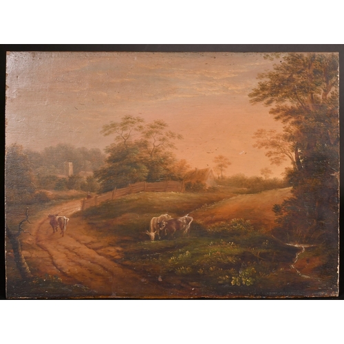 186 - English School, 19th Century, 'Evening' a pastoral landscape with cattle at sunset, oil on panel, in... 