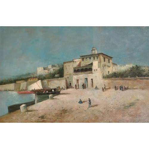 192 - After Antonio Reyna de Manescau, figures by a quay at dusk, oil on canvas, signed S. Malic, 24