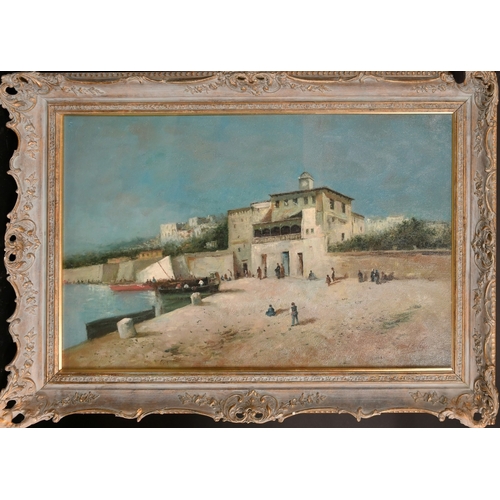 192 - After Antonio Reyna de Manescau, figures by a quay at dusk, oil on canvas, signed S. Malic, 24