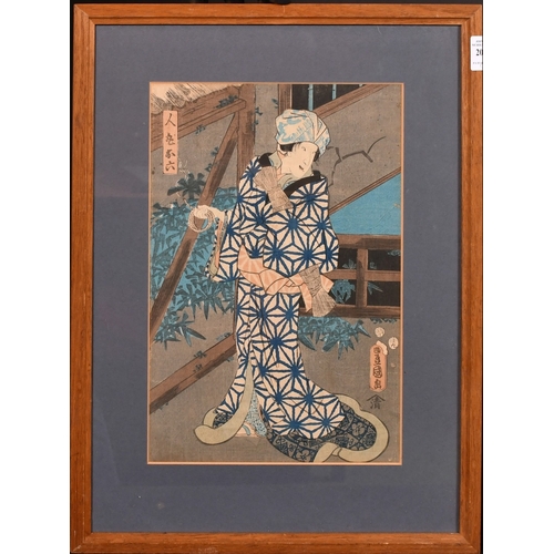 20 - Utagawa Kunisada, a lady holding a rope, colour woodblock, signed with artist's seal, 13.5