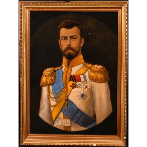 201 - Early 20th Century, a portrait of Tsar Nichols II of Russia, oil on white metal panel, 22