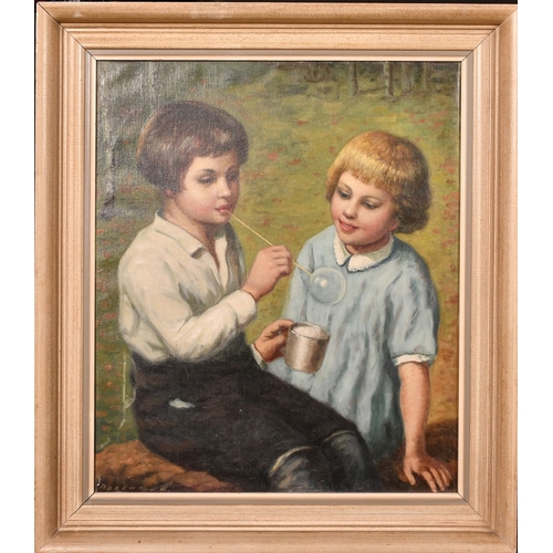 205 - Early 20th Century European School, children blowing bubbles, oil on canvas, indistinctly signed, 24... 