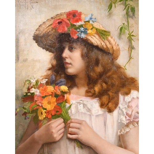 209 - Rowland Holyoake (1861-1928), female figure in a hat adorned with wildflowers and carrying a spray o... 