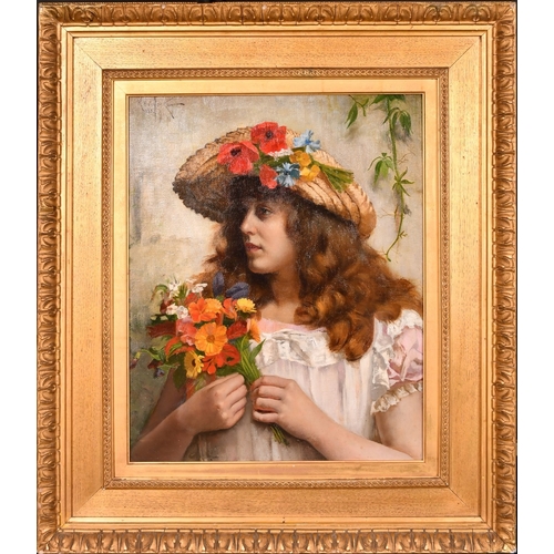 209 - Rowland Holyoake (1861-1928), female figure in a hat adorned with wildflowers and carrying a spray o... 