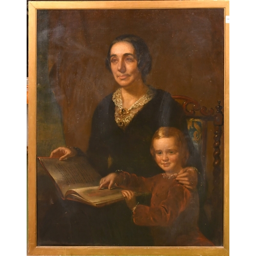 213 - Late 19th Century English School, a portrait of a mother and child reading an illustrated book, oil ... 