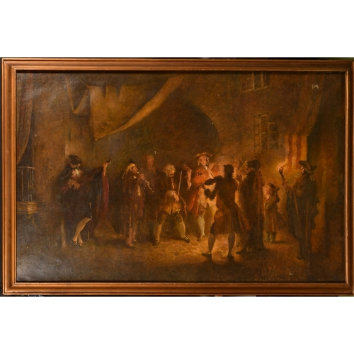 215 - Late 19th Century Continental School, figures in a street playing instruments by firelight, oil on c... 