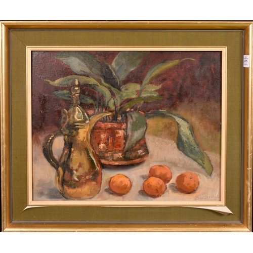 235 - Modern British School, a still life of a pot plant, jug and oranges, oil on board, 16