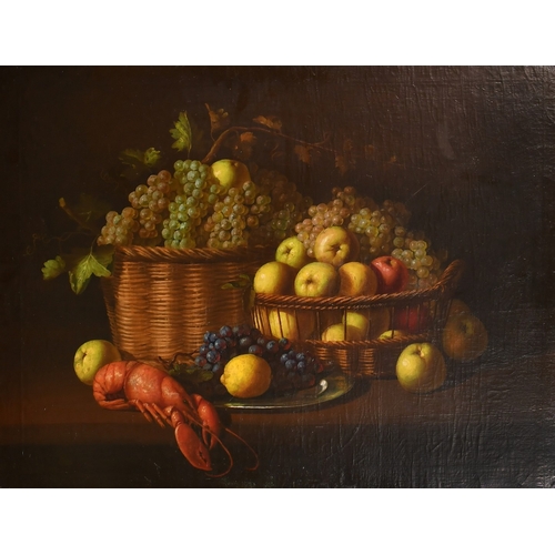 237 - Manner of Pieter Clausz, a pair of still life works of fruit, a pomegranate and a lobster on a table... 