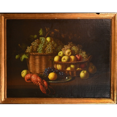 237 - Manner of Pieter Clausz, a pair of still life works of fruit, a pomegranate and a lobster on a table... 