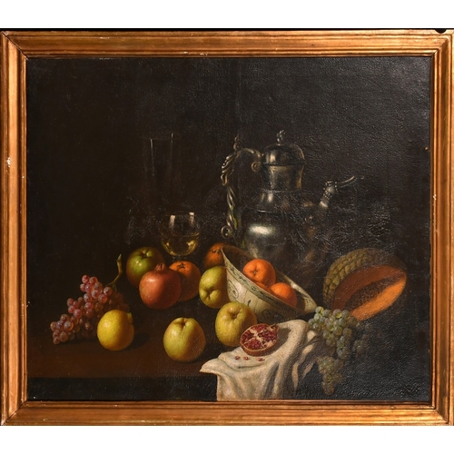 237 - Manner of Pieter Clausz, a pair of still life works of fruit, a pomegranate and a lobster on a table... 