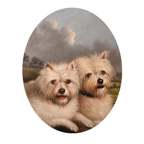 239 - George Stevens (1815-1865), a pair of white-haired terriers, a landscape beyond, oil on canvas, sign... 