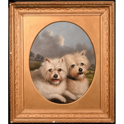 239 - George Stevens (1815-1865), a pair of white-haired terriers, a landscape beyond, oil on canvas, sign... 