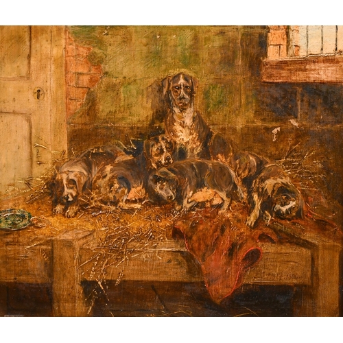 242 - Edwin Frederick Holt (1830-1912), dogs resting on a straw bed in a barn, oil on canvas, signed and d... 