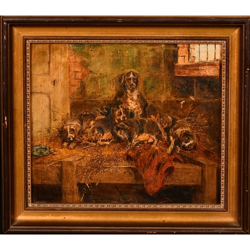 242 - Edwin Frederick Holt (1830-1912), dogs resting on a straw bed in a barn, oil on canvas, signed and d... 