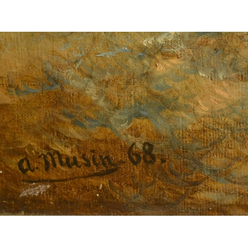 255 - A. Musin, Circa 1868, a pair of oil on canvas scenes of leeboard sailboats on rolling seas near land... 