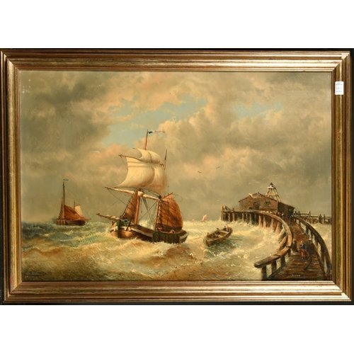 255 - A. Musin, Circa 1868, a pair of oil on canvas scenes of leeboard sailboats on rolling seas near land... 