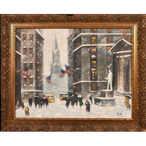 262 - Follower of Guy Wiggins, a snowy New York street scene, oil on board, bears initials, 19