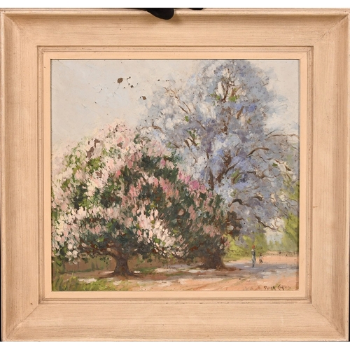 263 - Dixon Copes (1914-2002), figures walking beneath Jacaranda trees, oil on board, signed, 14.5