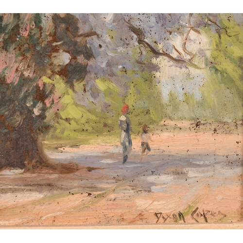 263 - Dixon Copes (1914-2002), figures walking beneath Jacaranda trees, oil on board, signed, 14.5