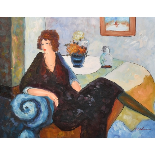 264 - Circle of Itzchak Tarkay, an elegant lady in an interior, acrylic on canvas, indistinctly signed, 16... 