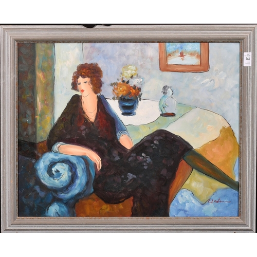 264 - Circle of Itzchak Tarkay, an elegant lady in an interior, acrylic on canvas, indistinctly signed, 16... 