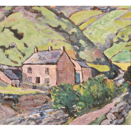 268 - Modern British, cottages in a mountain valley by a stream, oil on board, with another scene verso, 1... 