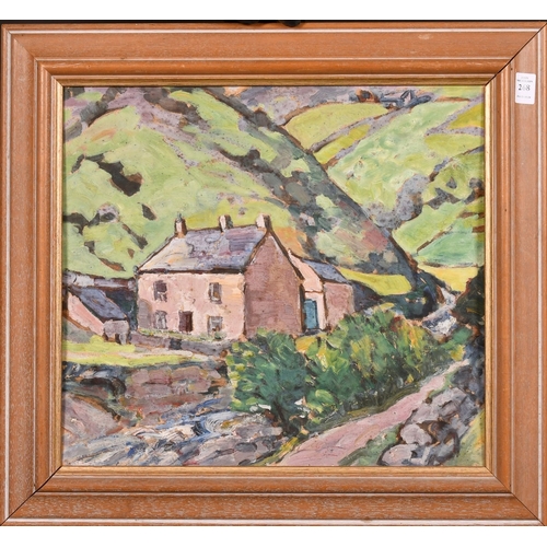 268 - Modern British, cottages in a mountain valley by a stream, oil on board, with another scene verso, 1... 