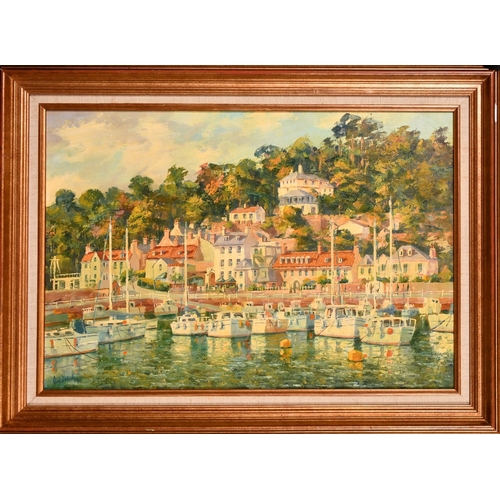 270 - Paul O'Flaherty (20th Century), a busy harbour, possibly Channel Islands, oil on canvas board, signe... 