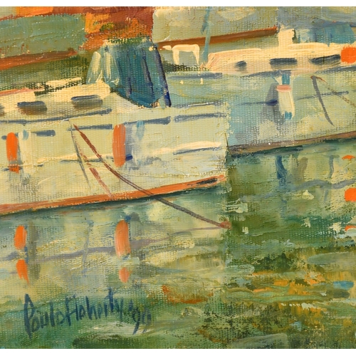 270 - Paul O'Flaherty (20th Century), a busy harbour, possibly Channel Islands, oil on canvas board, signe... 