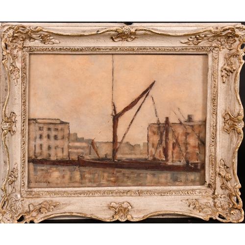 272 - 20th Century Continental, after Lebourg, barge on a city river, oil on board, bears signature, 12