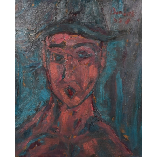 273 - After Bomberg, a head study of a figure in a hat, oil on board, bears signature, 24