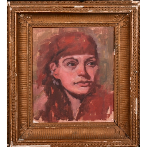 274 - 20th Century, a head study of a girl in a red hat, oil on panel, with another sketch verso, 10.5