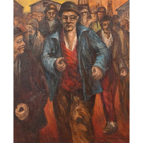 276 - R. E. Deschryver (20th Century), workers leaving an industrial area, oil on canvas, signed, 23.75