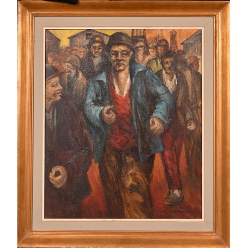 276 - R. E. Deschryver (20th Century), workers leaving an industrial area, oil on canvas, signed, 23.75