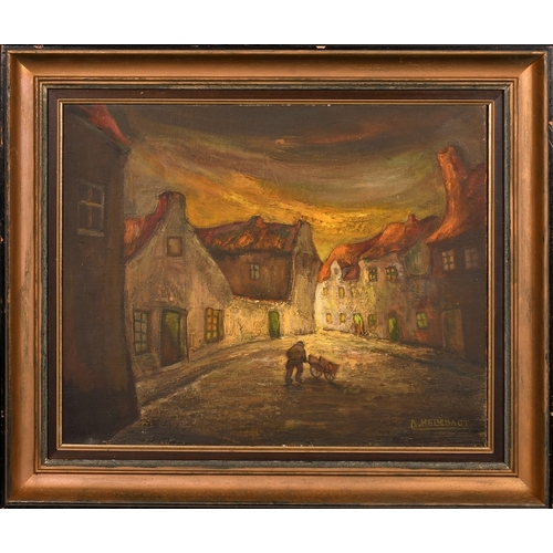 277 - Arthur Hellebaut (b. 1927), a lone figure with a cart in a moonlit street, oil on canvas, signed, 16... 