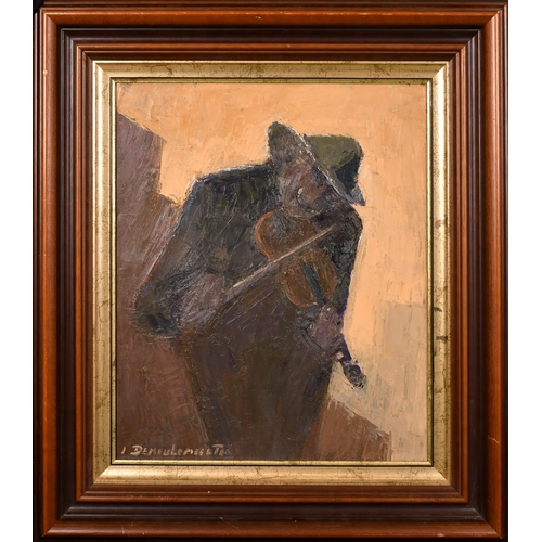 278 - J. Demeulemeelter (20th Century), a violinist in a hat, oil on canvas, 23.75