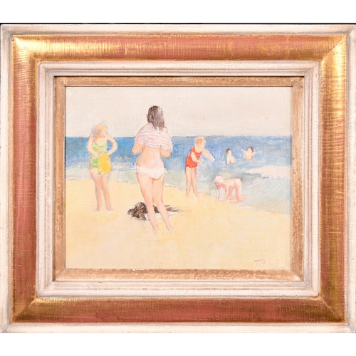 282 - John Napper (1916-2001), a pair of oil on canvas scenes of figures on a beach, each signed and dated... 