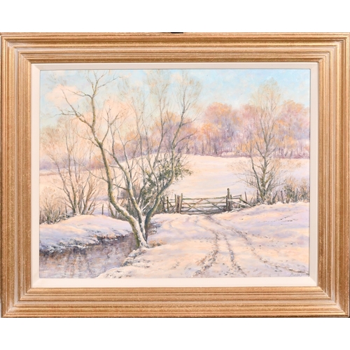 291 - Mervyn Goode, 'Farm Gate and Snow Shadows', oil on canvas, signed, 16