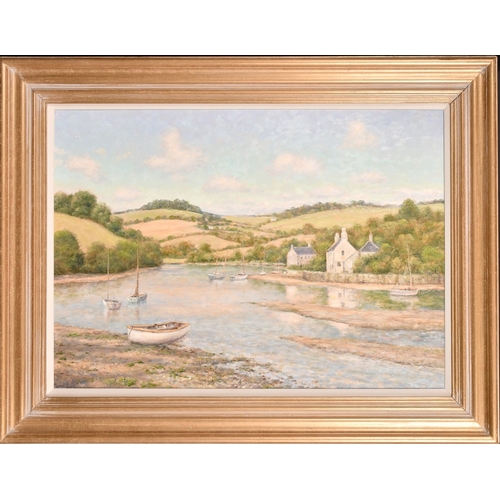 293 - Mervyn Goode, 'Boat and Creekside Cottages', oil on canvas, signed, 20